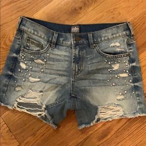 COPY - Pearl detail distressed denim shorts
